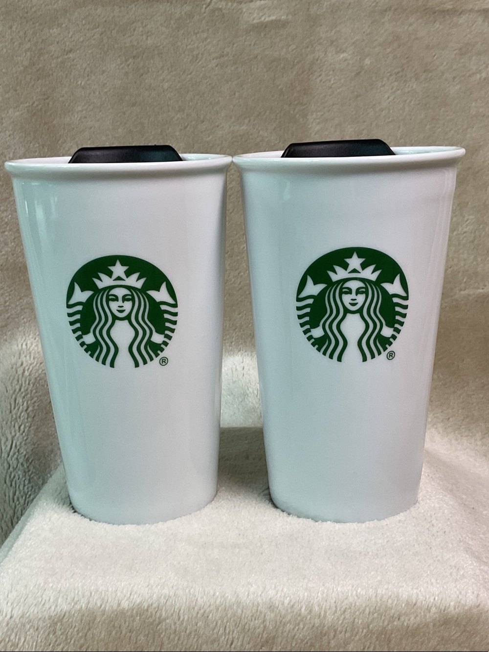 Starbucks Siren Logo White Ceramic 10oz Mug with Sliding Black Lid